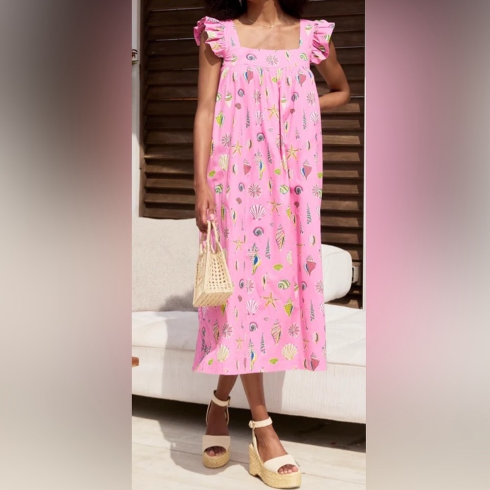 NWT Printfresh Beachcomber Pink Shell-Print Ruffle Dress, Size XS